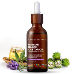 Kreyol Essence Haitian Black Castor Oil in glass bottle for hair and skin nourishment.
