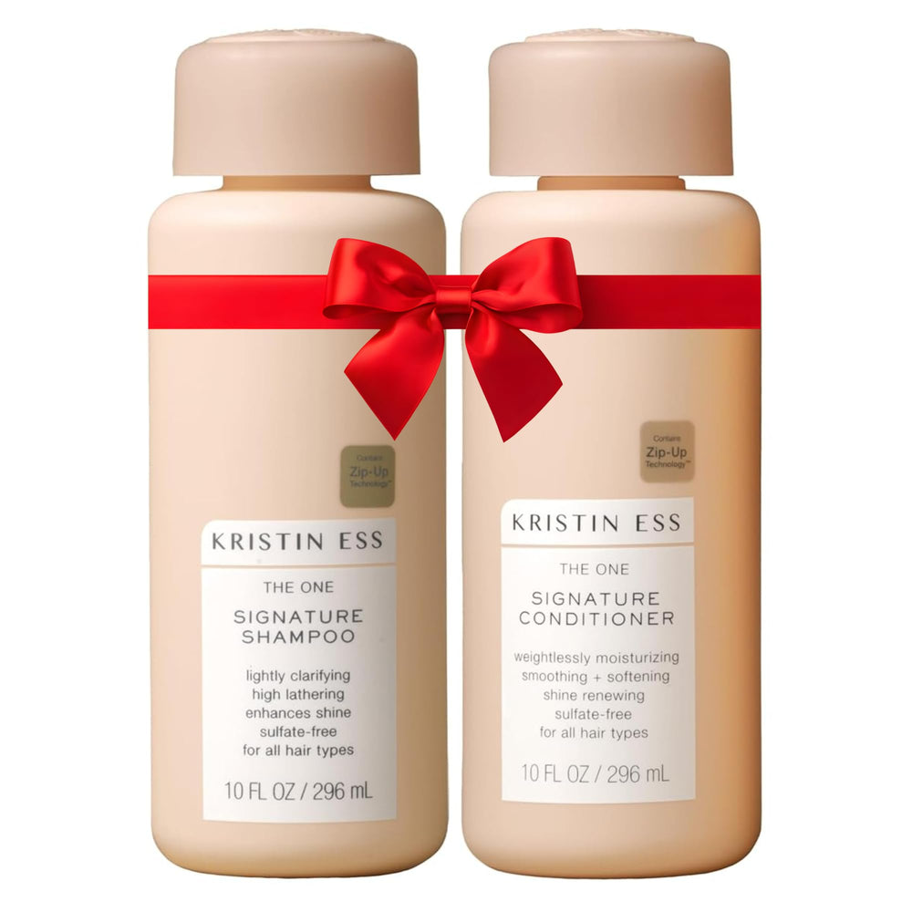 Kristin Ess Signature Shampoo bottle front demonstrates color-safe cleansing for color-treated hair.