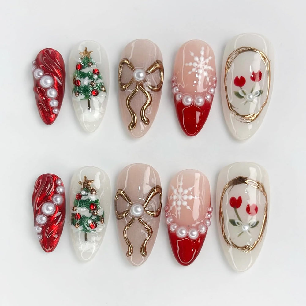 KRTBKR Christmas press-on nails with medium almond shape and red French tip for festive manicure convenience.