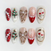 KRTBKR Christmas press-on nails with medium almond shape and red French tip for festive manicure convenience.