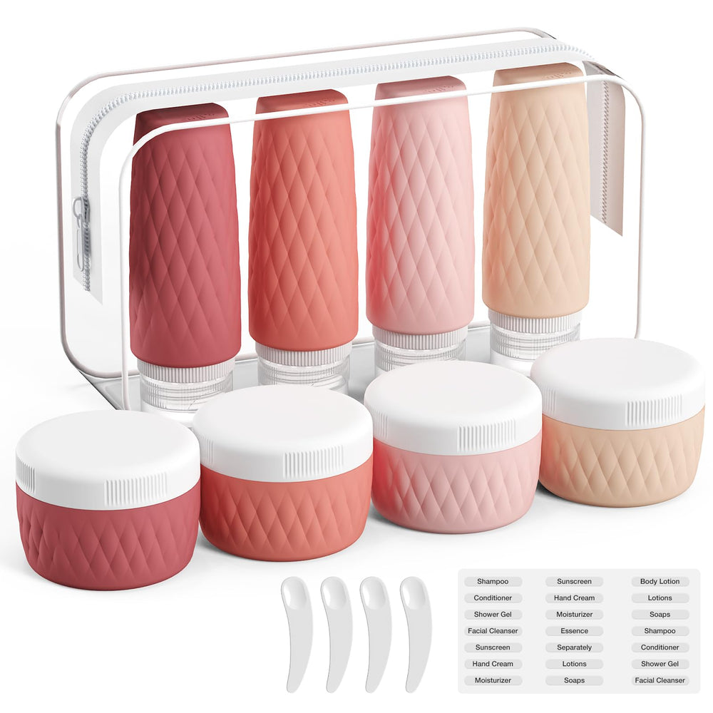 Kuangre 8-piece travel set with bottles and jars for on-the-go skincare.