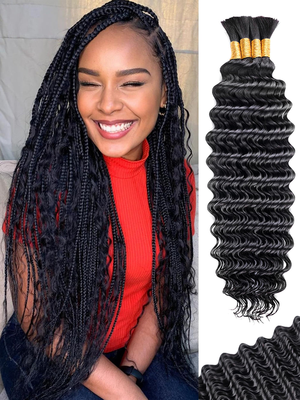 KULYMUWIG braiding hair deep wave 18in bundles show glossy texture for boho braids.