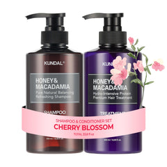 KUNDAL Cherry Blossom shampoo bottle displaying long-lasting scent for daily use.