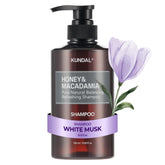KUNDAL Honey & Macadamia shampoo bottle White Musk offers lasting fragrance and nourishment