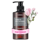KUNDAL Honey Macadamia shampoo bottle highlights nourishing formula.