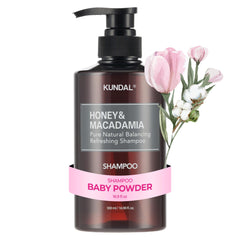 KUNDAL Honey Macadamia shampoo bottle highlights nourishing formula.