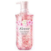 Kustie Cherry Blossom Body Wash bottle with petals for a spa-like bath.