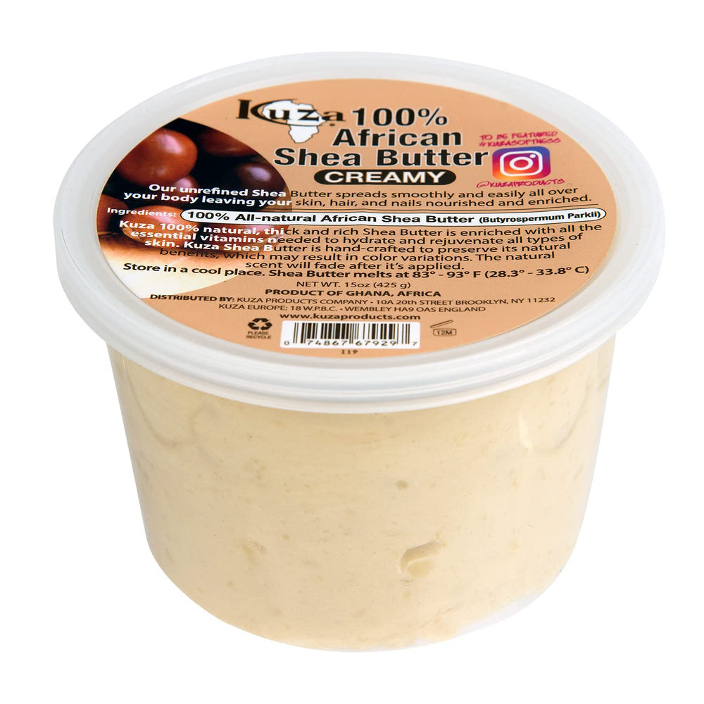 Kuza shea butter borututu jar front highlights creamy texture for skin and hair care.