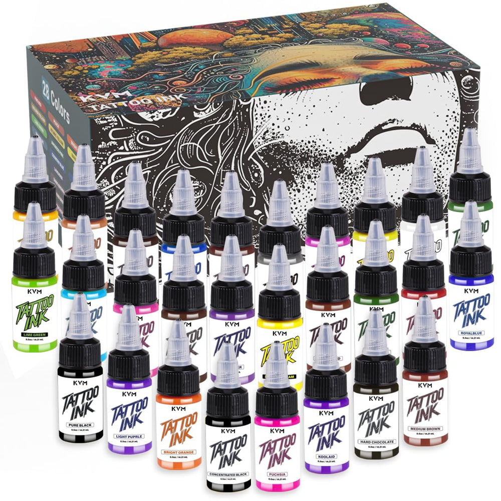 KVM Tattoo Ink 28-color palette closeup; vibrant shades for bold shading