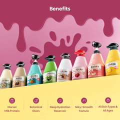 Kwailnara Peach Milk Ingredients image underscores peach extract and milk proteins nourishing skin.