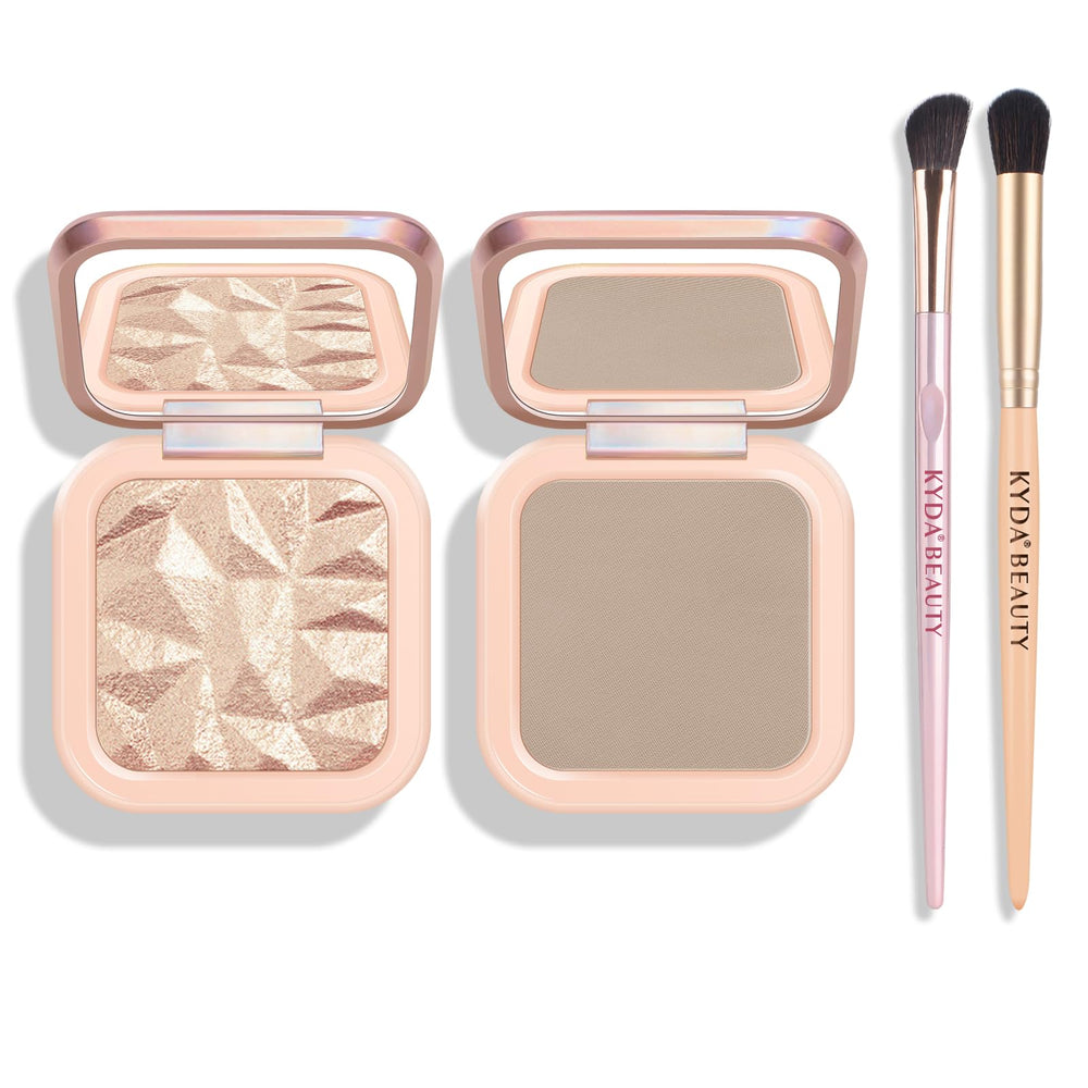 KYDA baked highlighter contour palette shows champagne glow for radiant facial highlights.