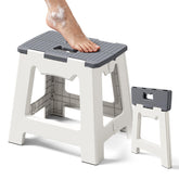 Kzeirm foldable shower stool folded side view shows compact footprint for small bathrooms.