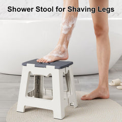 Kzeirm foldable shower stool unfolded in shower provides stable seating.