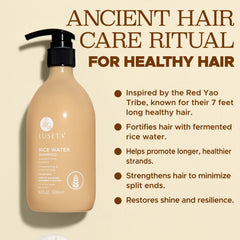 L LUSETA Rice Water Shampoo label close-up highlighting nourishing ingredients for shine
