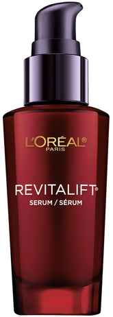 L'Oreal Paris Revitalift bottle closeup highlights hydrating anti-aging formula.