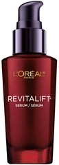 L'Oreal Paris Revitalift bottle closeup highlights hydrating anti-aging formula.