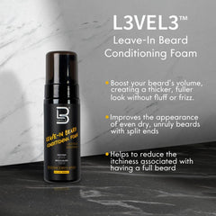L3 beard conditioner foam close-up on soft, soothed facial hair for comfortable grooming.