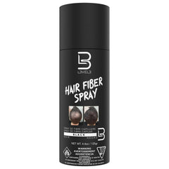 L3 Level 3 Black Hair Fiber Spray application close-up showing seamless coverage for thinning areas