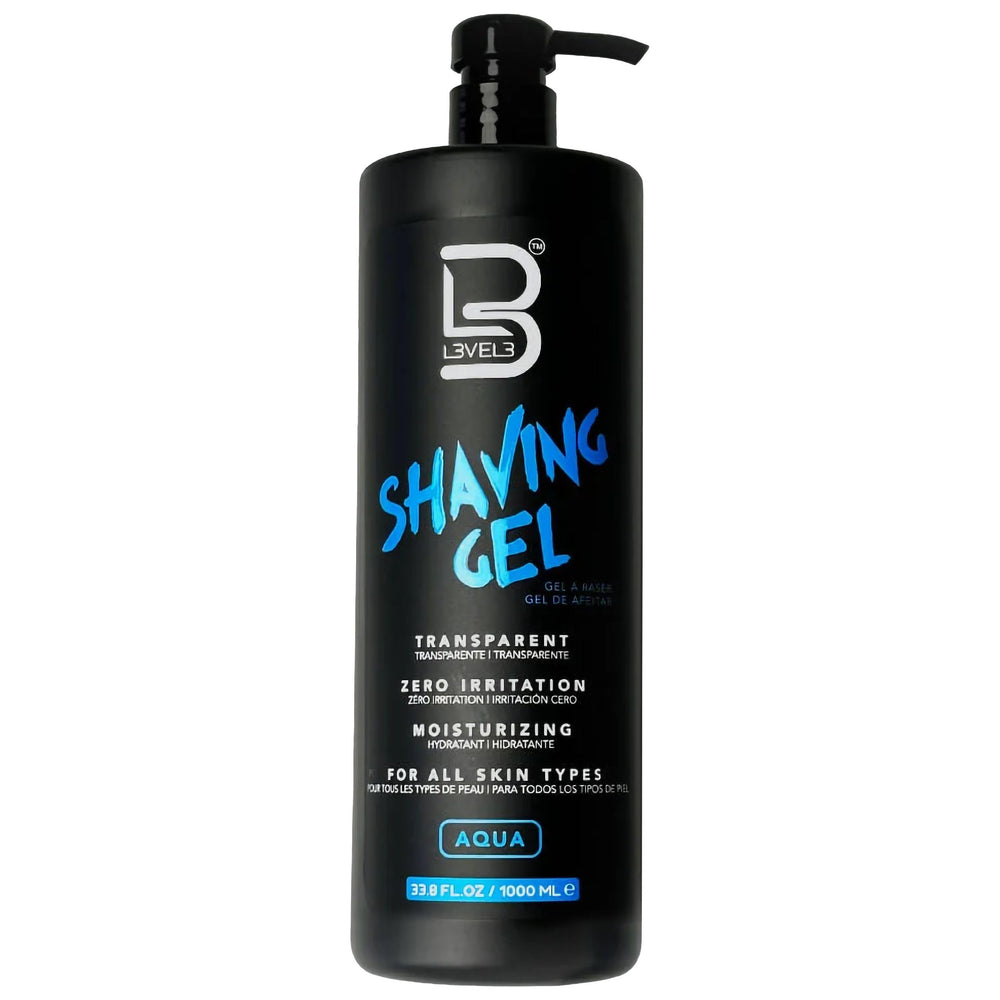 L3 Level 3 shaving gel bottle (Aqua, Large) ready for quick prep.