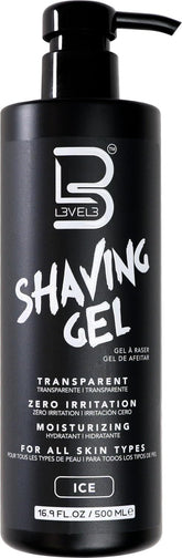L3 Shaving Gel Ice bottle front shows transparent formula for precise shaving.