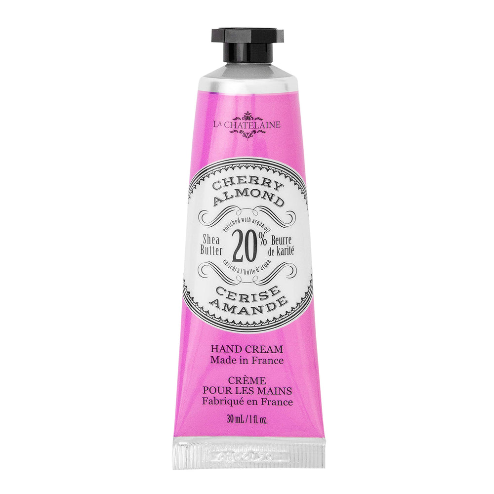 La Chatelaine Cherry Almond hand cream travel-size packaging ready for on-the-go moisture