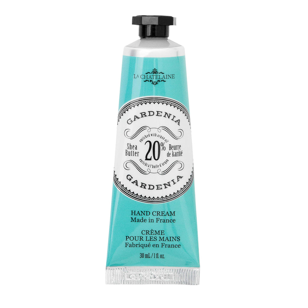 La Chatelaine Gardenia Hand Cream bottle close-up showing luxurious scent and rich texture