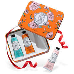 La Chatelaine hand cream trio gardenia coconut milk close-up showing silky texture for daily nourishment.