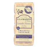 A LA MAISON lavender flower bar soap packaging showcases triple milled formula for gentle cleansing