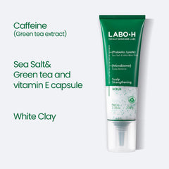 LABO-H scrub with sea salts and white clay demonstrates deep cleansing and sebum control.