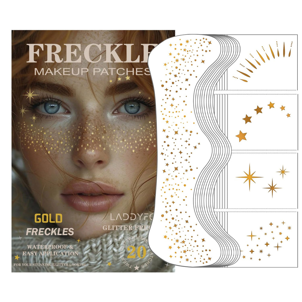 LADDYFOX gold face patches pack with glitter freckles closeup, ideal for festival sparkle.