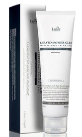 LA'DOR Keratin Power Glue bottle shows leave-in treatment for glossy, protected hair.