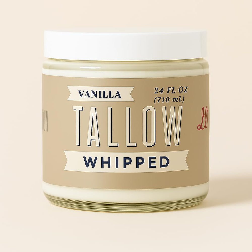 Lady May Tallow whipped tallow jar closeup shows creamy texture for quick hydration