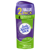 Lady Speed Stick twin-pack box front delivering all-day freshness with invisible dry.