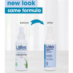 Lafe's aluminum-free deodorant spray bottle shows aloe vera soothing for sensitive skin.