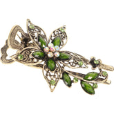 LALAFINA green vintage flower rhinestone barrette close-up adds festive hair shine