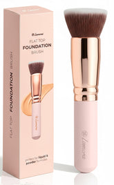 Lamora flat-top kabuki brush closeup shows dense bristles for precise foundation coverage.