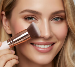 Lamora brush head applying liquid foundation for even skin-tone finish.