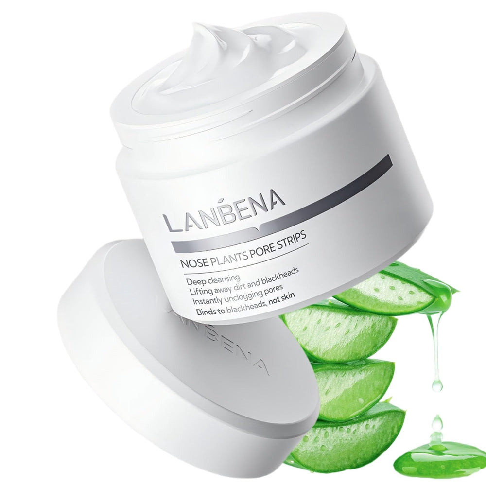 LANBENA blackhead mask jar closeup with aloe supports cleansing and pore refinement.