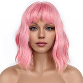 LANCAINI pastel bob wig with bangs pink front view for everyday wear.