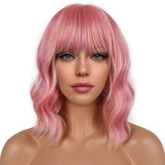 LANCAINI short bob wig with bangs pink front view for natural volume and cosplay versatility