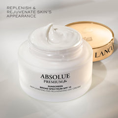 Lancôme Absolue Premium Bx Day Cream texture close-up shows creamy richness.