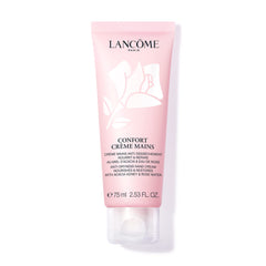 Lancome Confort Hand Cream jar close-up showing rich texture for deep moisturizing.