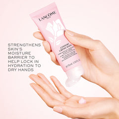 Lancome Confort Hand Cream being applied for fast-absorbing hydration.