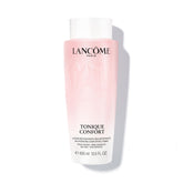 Lancôme Tonique Confort bottle close-up highlighting hydrating milky texture for radiant skin.