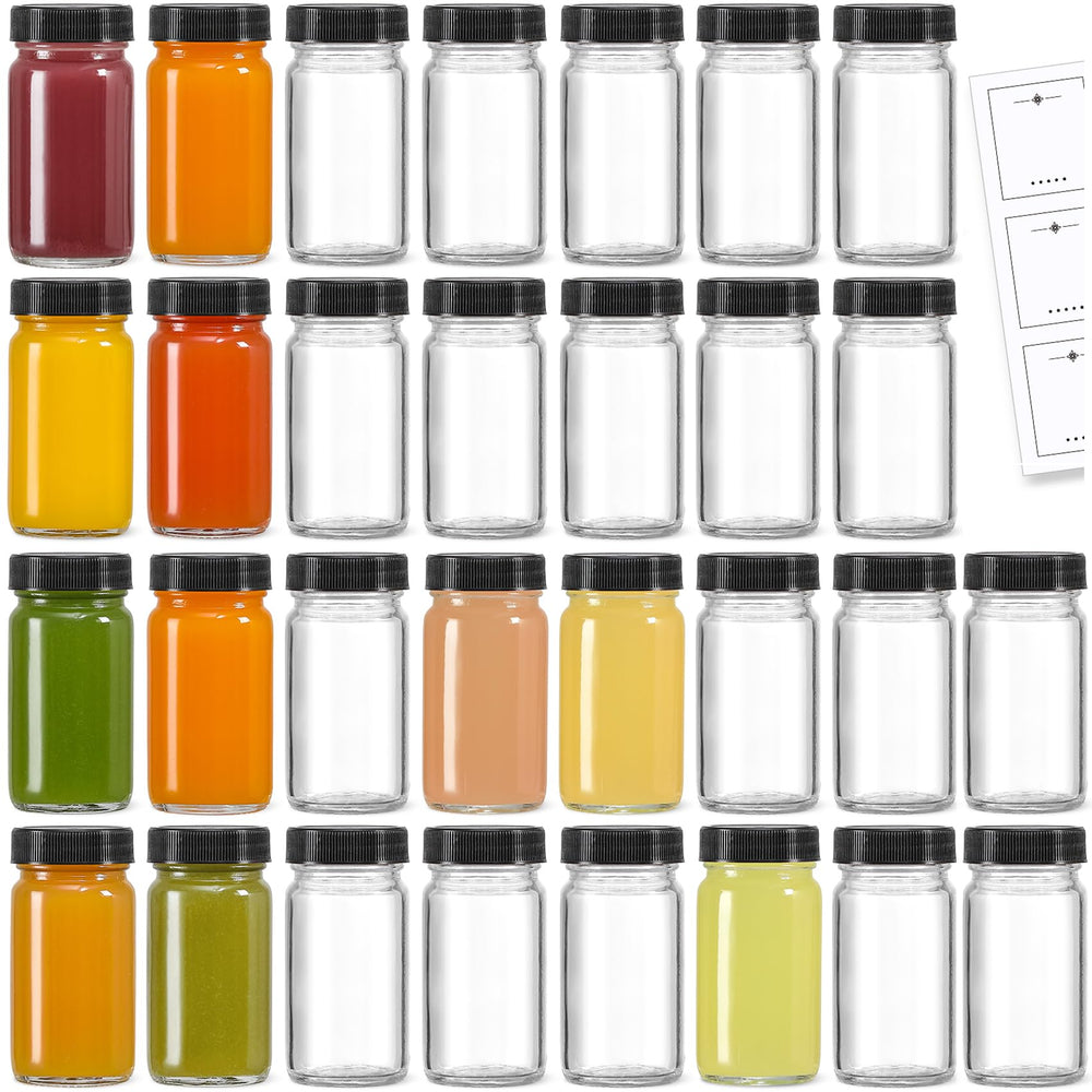 LANDNEOO 2oz glass shot bottle with black cap designed for portable travel portions.