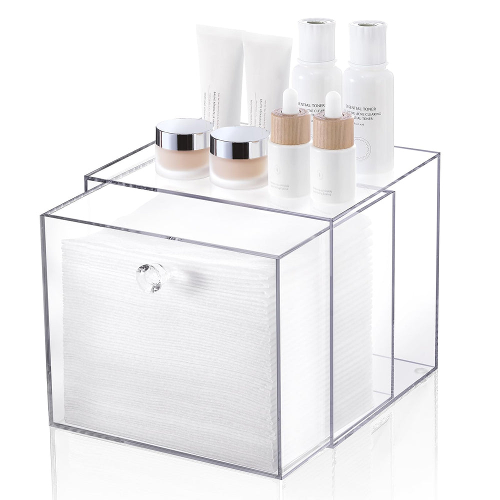 Landneoo disposable face towel container box, front view, showcasing space-saving vanity organization.
