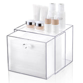 Landneoo disposable face towel container box, front view, showcasing space-saving vanity organization.