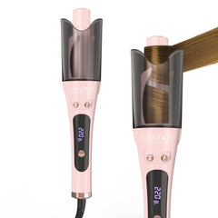 LANDOT automatic curling iron 1-inch pink wand for effortless salon curls at home.