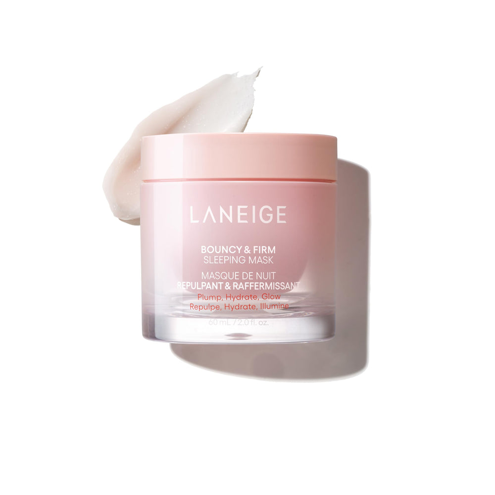 Laneige Bouncy and Firm Sleeping Mask packaging close-up highlighting barrier hydration overnight.