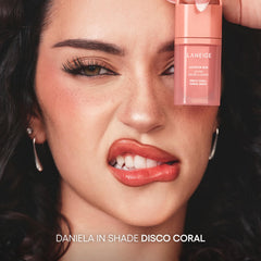 Laneige JuicePop Box Lip Tint Disco Coral swatch shows buildable color.
